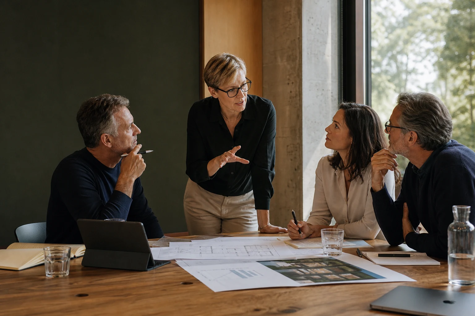 Senior specialists and a client leader reviewing a technology operating model together