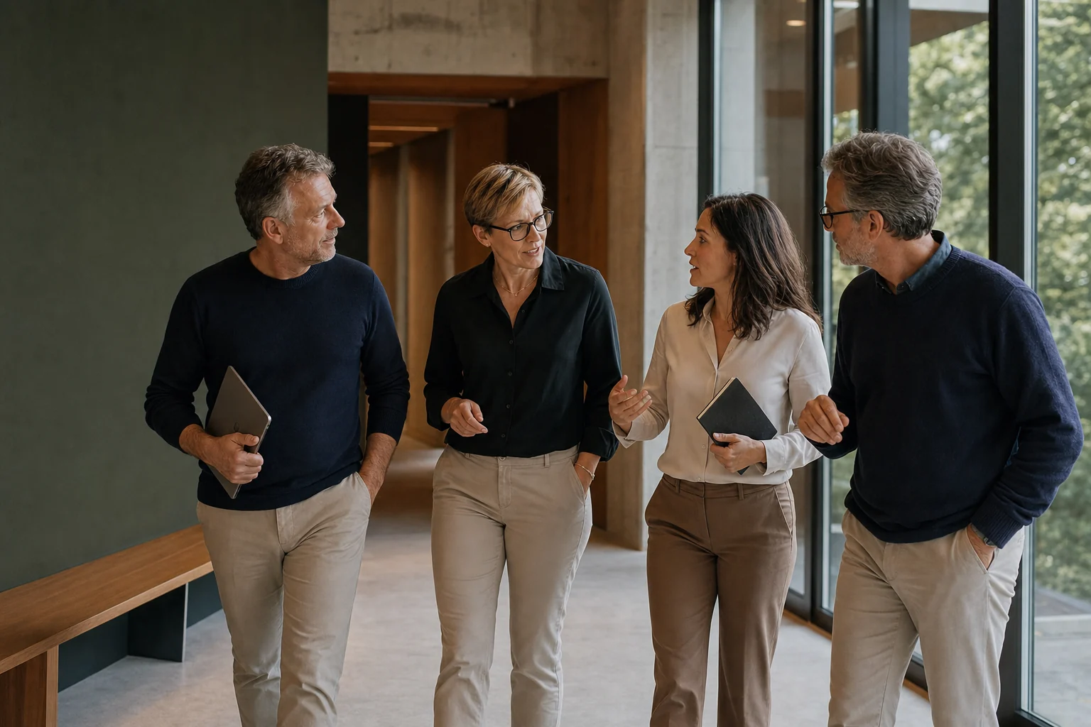 Four senior professionals continuing a focused technology discussion while walking through an office